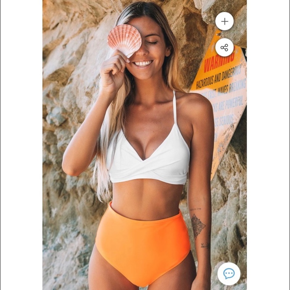 White Bikini w/ Orange High Waisted Bottom- NWT